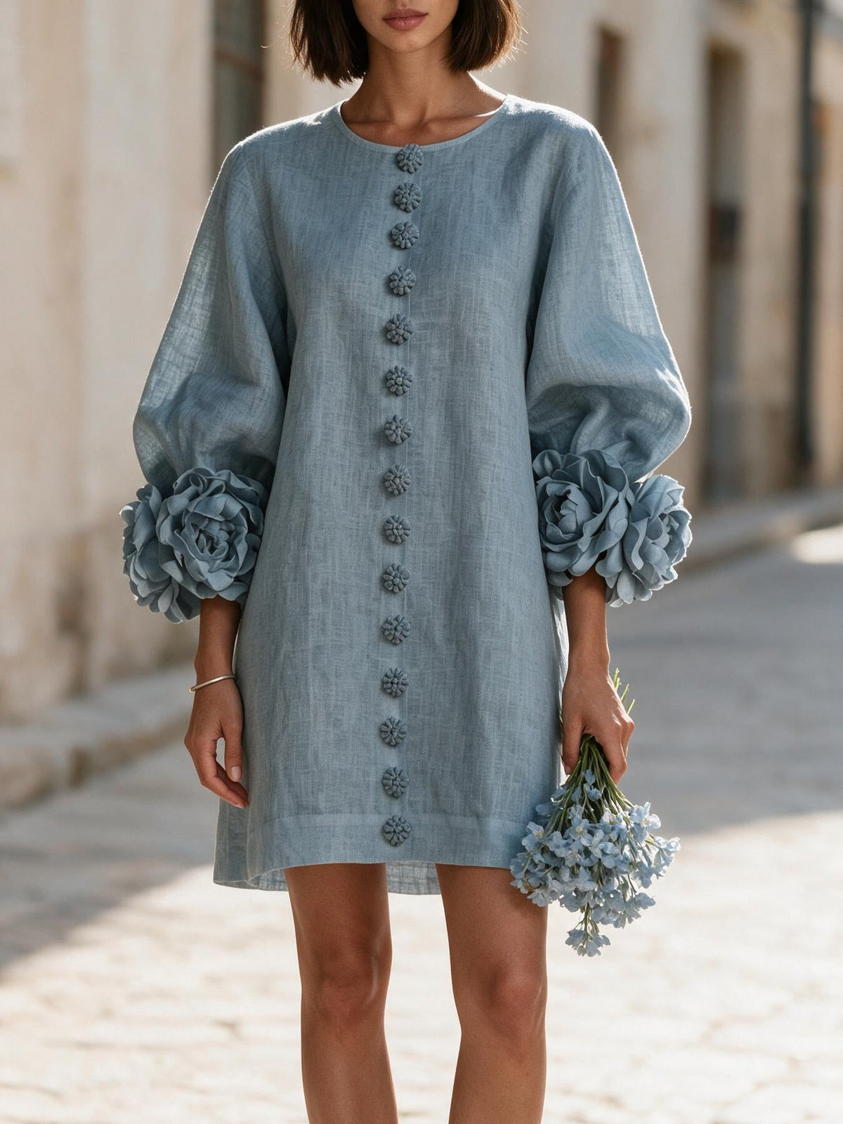 Women's Linen-Look Balloon Sleeve Mini Dress with Floral Cuffs