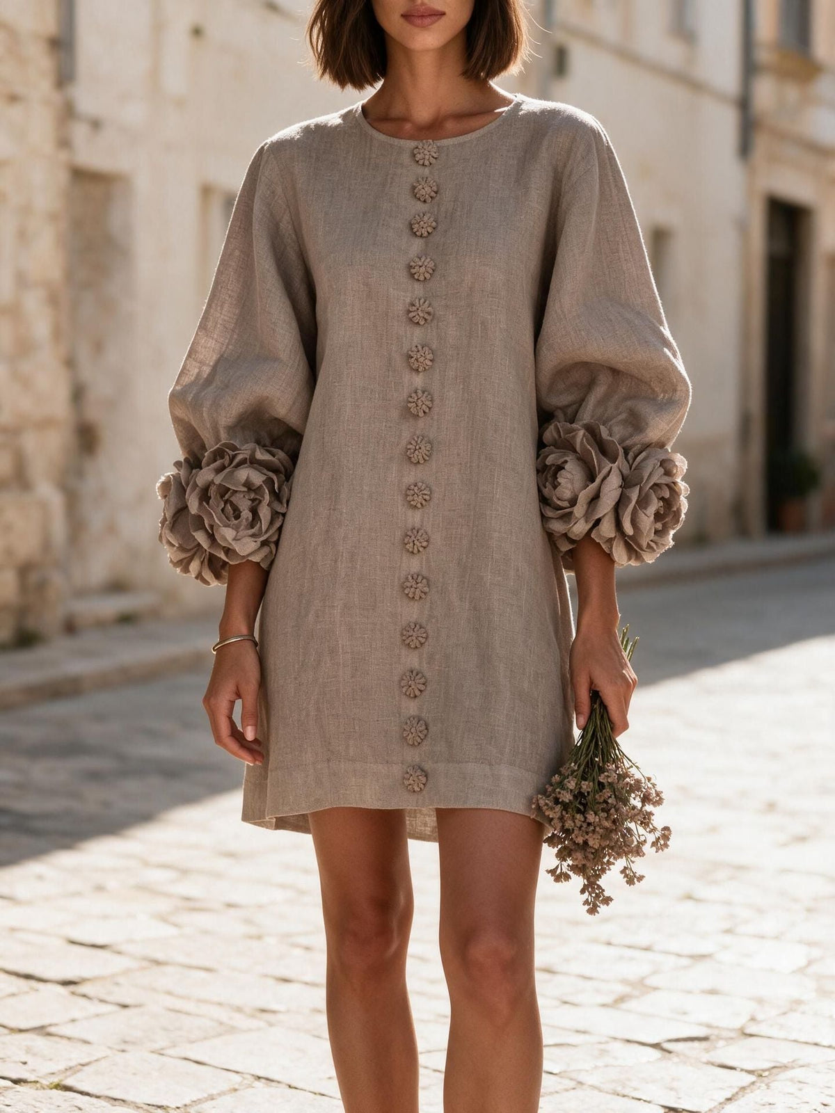 Women's Linen-Look Balloon Sleeve Mini Dress with Floral Cuffs