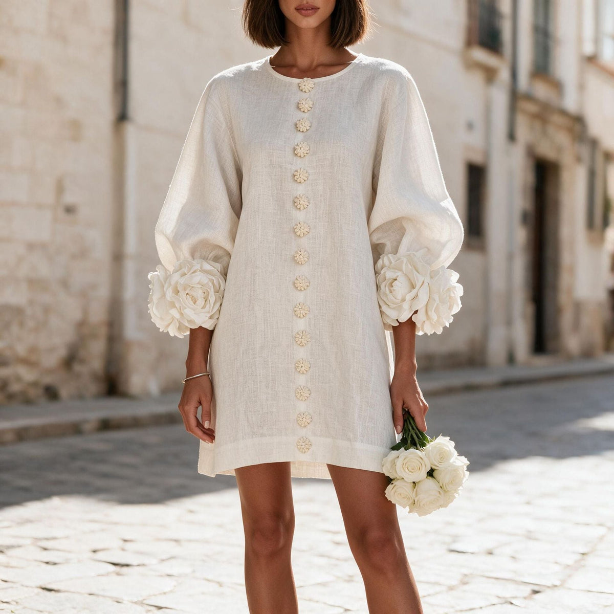 Women's Linen-Look Balloon Sleeve Mini Dress with Floral Cuffs
