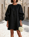 Women's Linen-Look Balloon Sleeve Mini Dress with Floral Cuffs