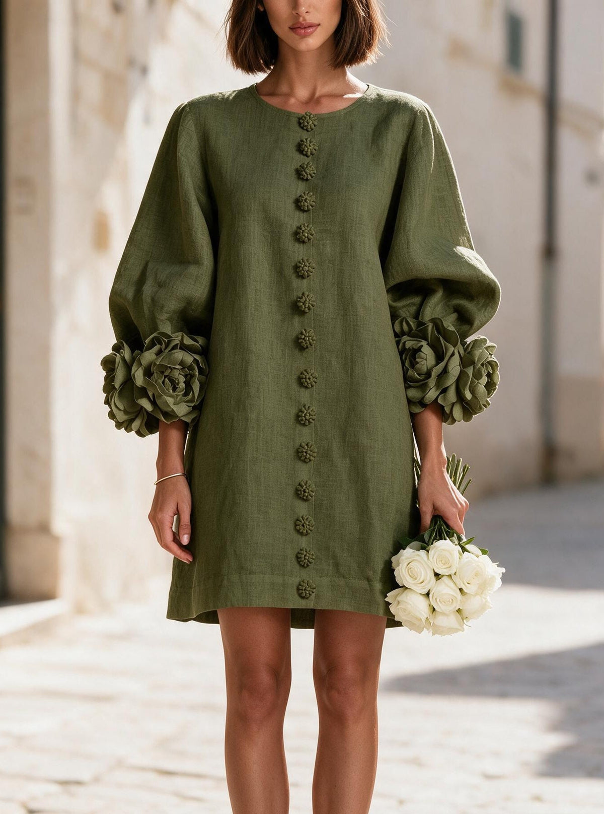 Women's Linen-Look Balloon Sleeve Mini Dress with Floral Cuffs