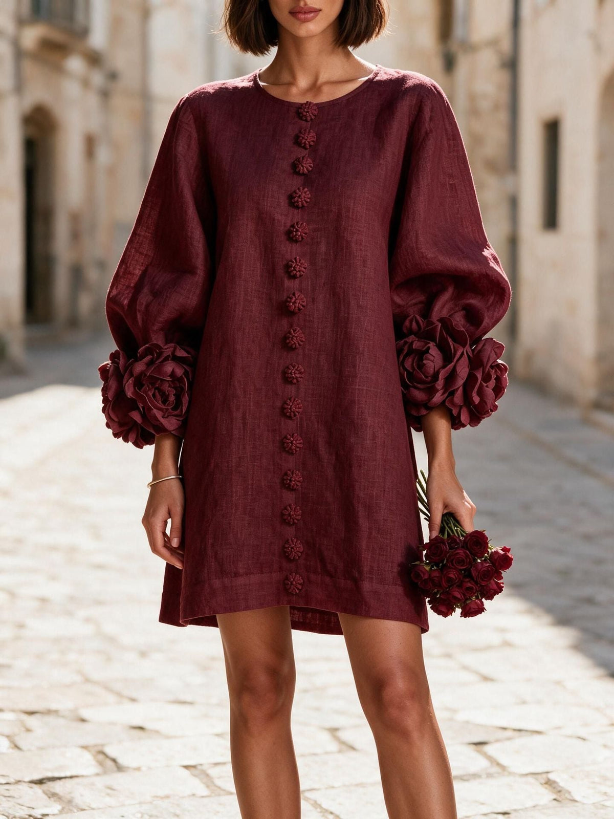 Women's Linen-Look Balloon Sleeve Mini Dress with Floral Cuffs