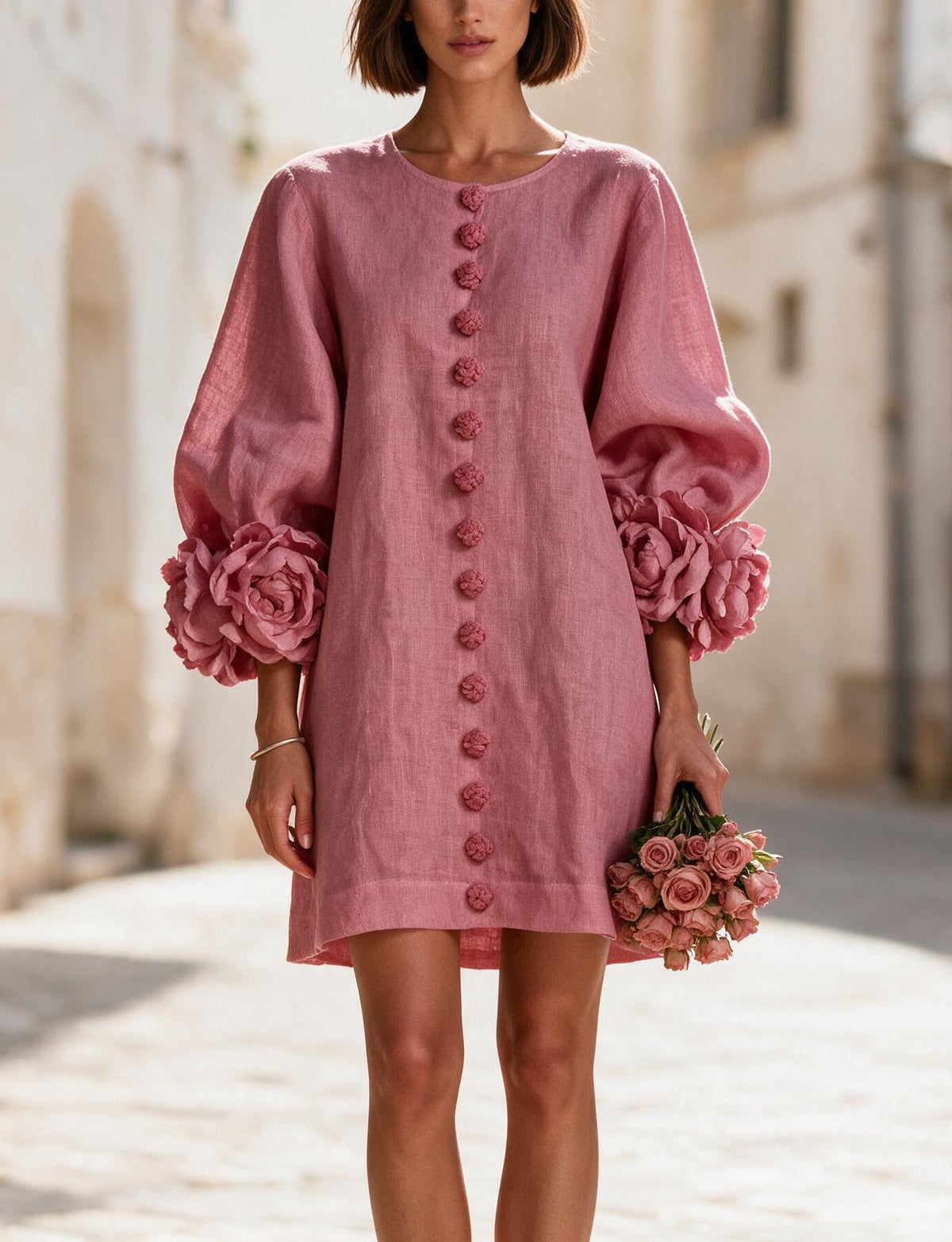 Women's Linen-Look Balloon Sleeve Mini Dress with Floral Cuffs