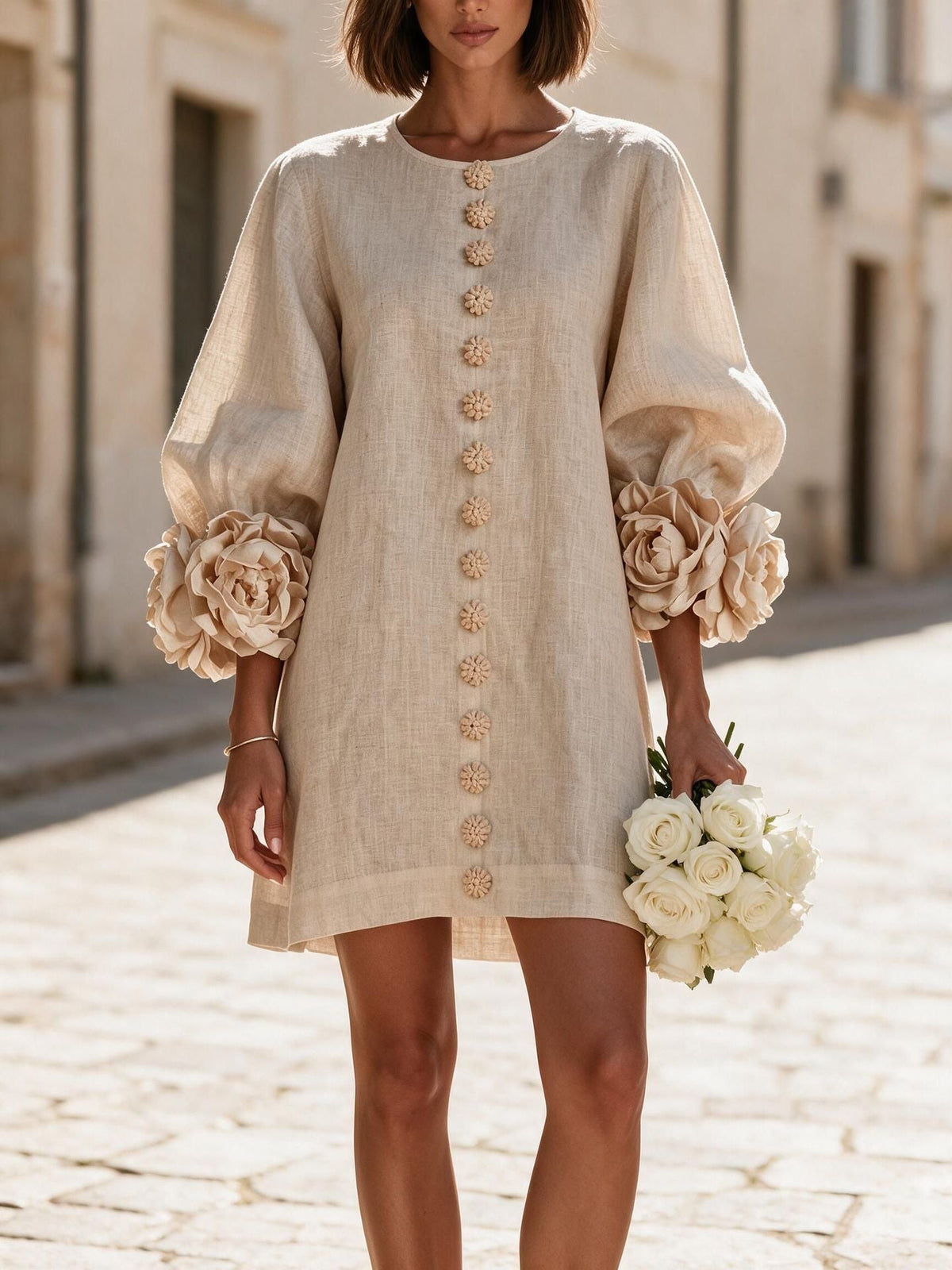 Women's Linen-Look Balloon Sleeve Mini Dress with Floral Cuffs