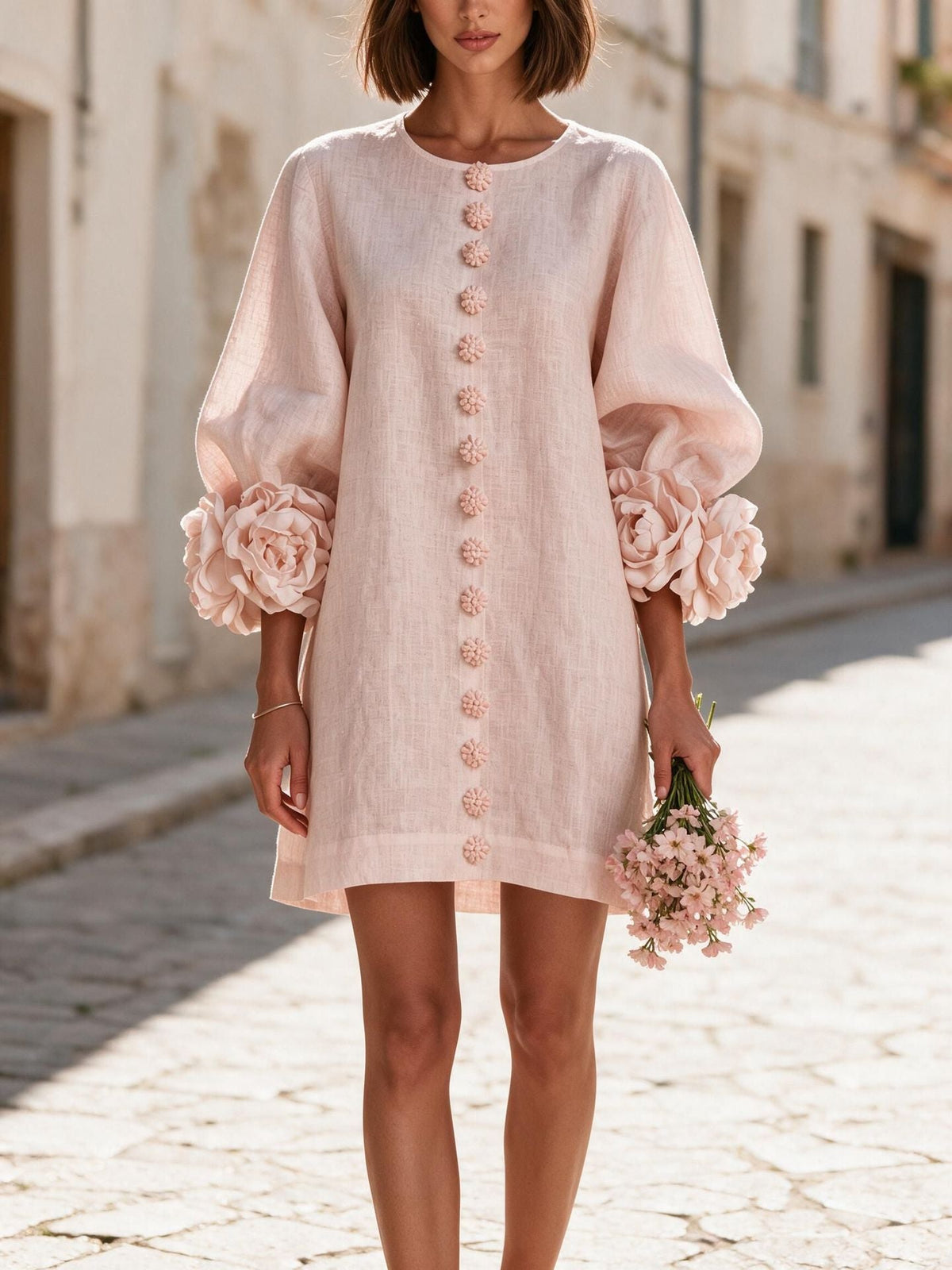 Women's Linen-Look Balloon Sleeve Mini Dress with Floral Cuffs