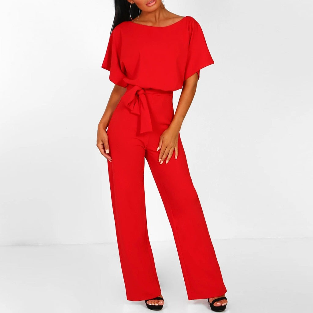 Linen-look belted wide leg jumpsuit – colour option