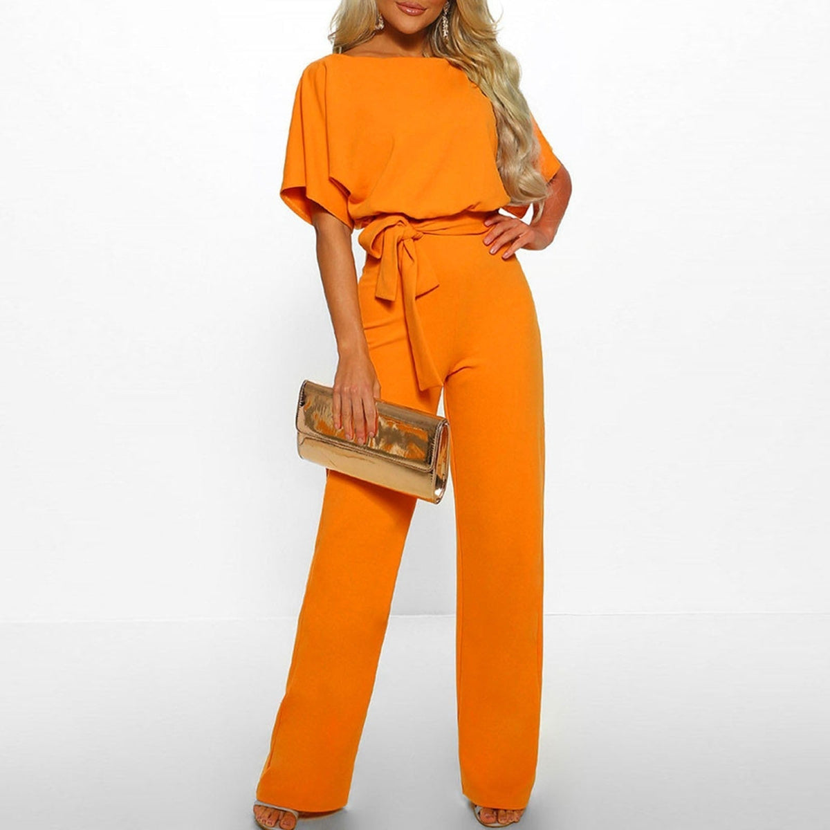 Linen-look belted wide leg jumpsuit – colour option