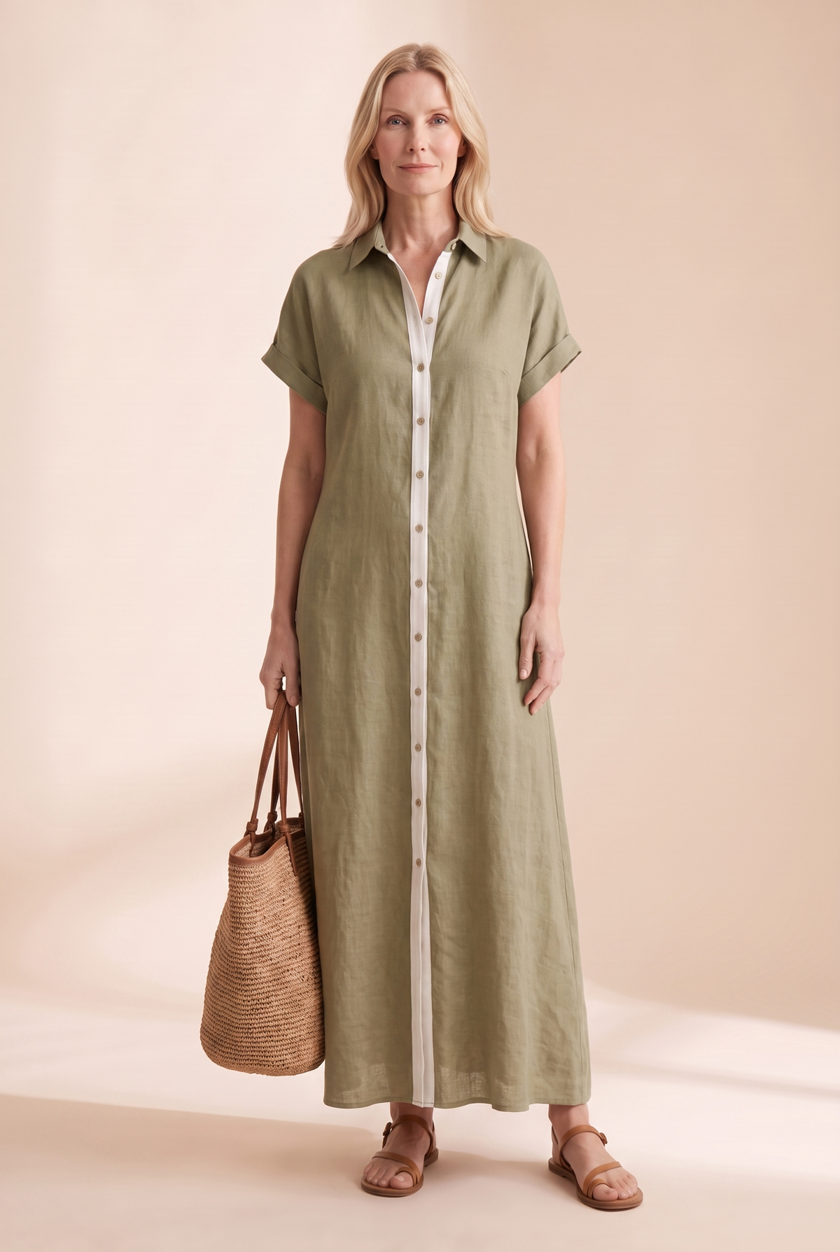 Women's linen-look button-front shirt maxi dress with collar and short sleeves