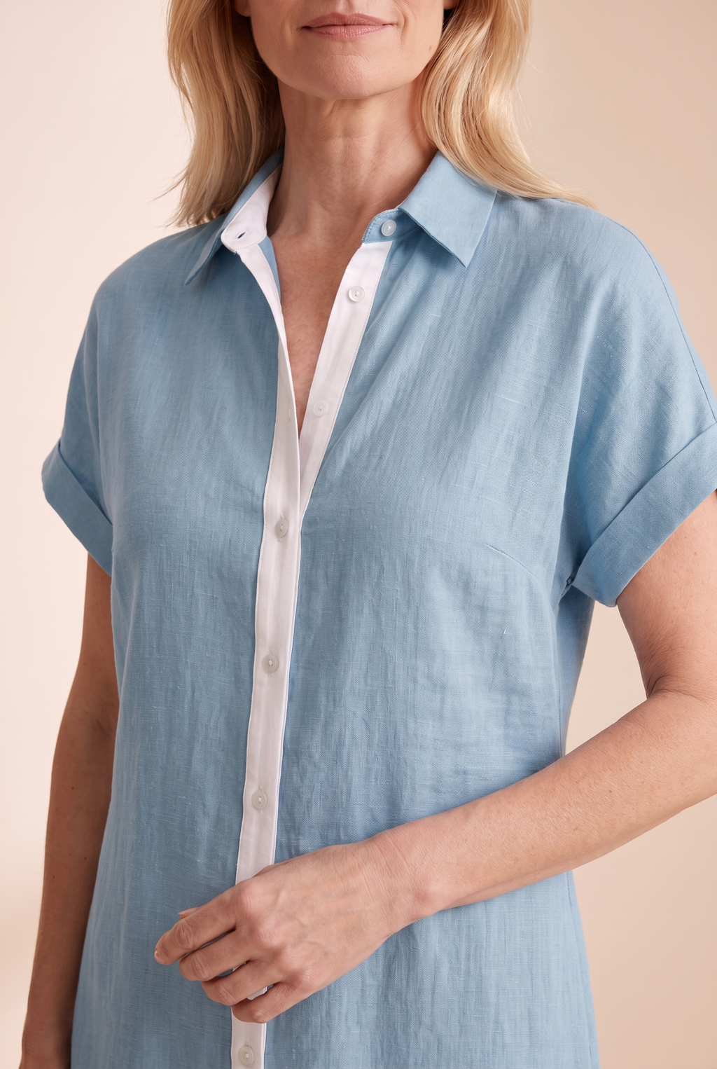 Women's Linen-Look Button-Front Shirt Maxi Dress with Short Sleeves