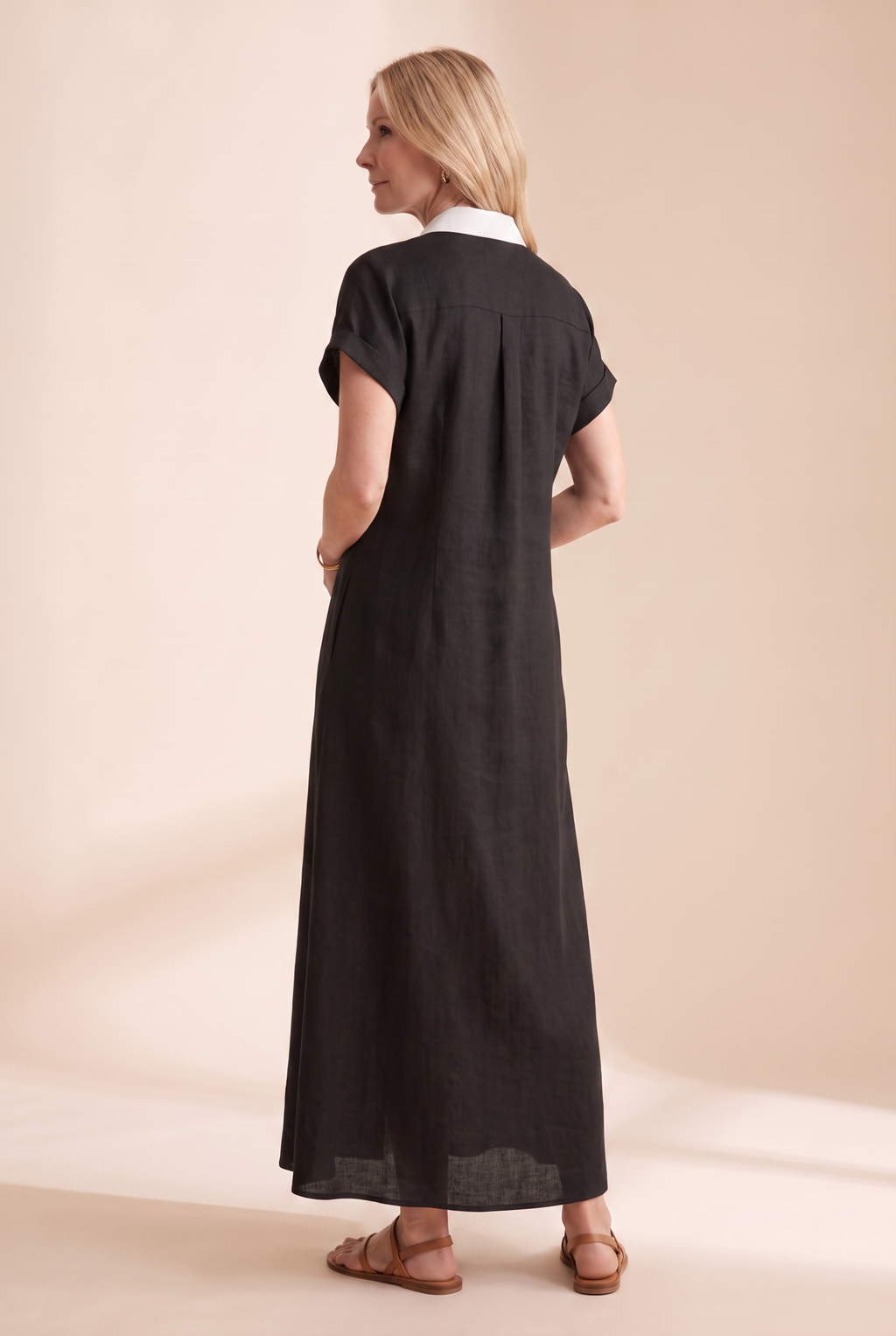 Women's Linen-Look Button-Front Shirt Maxi Dress with Short Sleeves