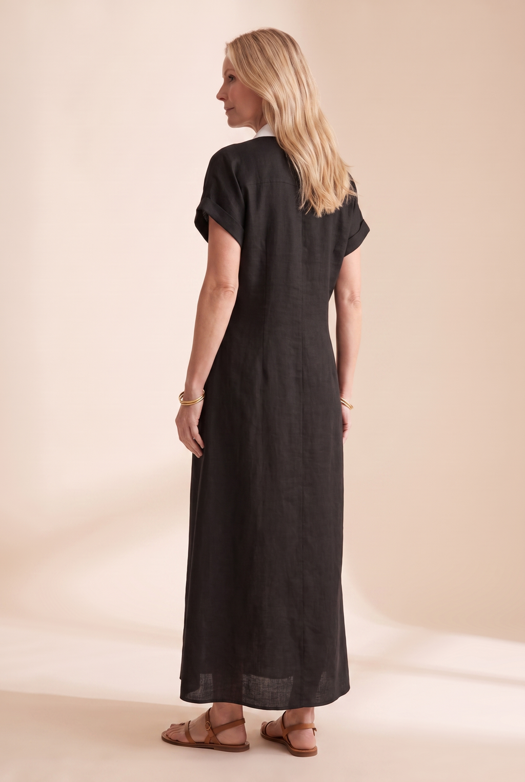 Women's Linen-Look Button-Front Shirt Maxi Dress with Short Sleeves