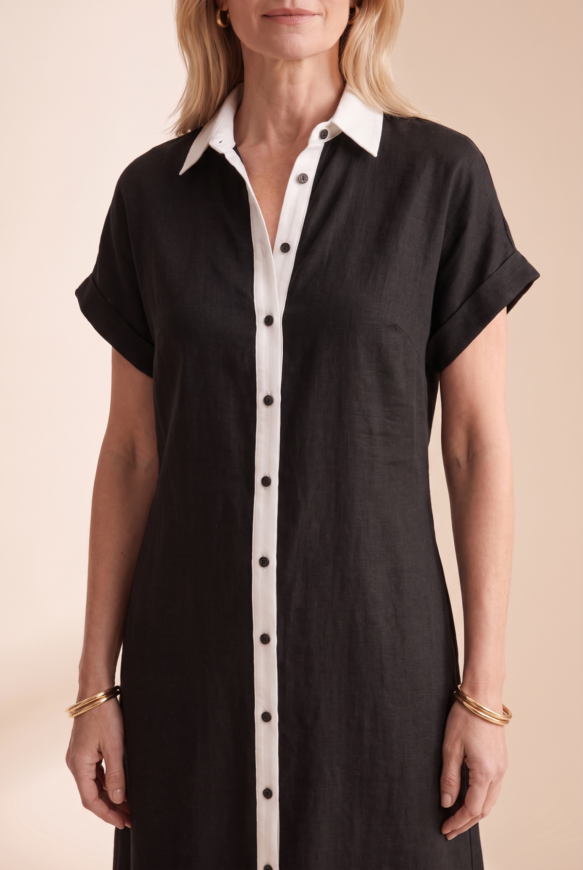Women's Linen-Look Button-Front Shirt Maxi Dress with Short Sleeves
