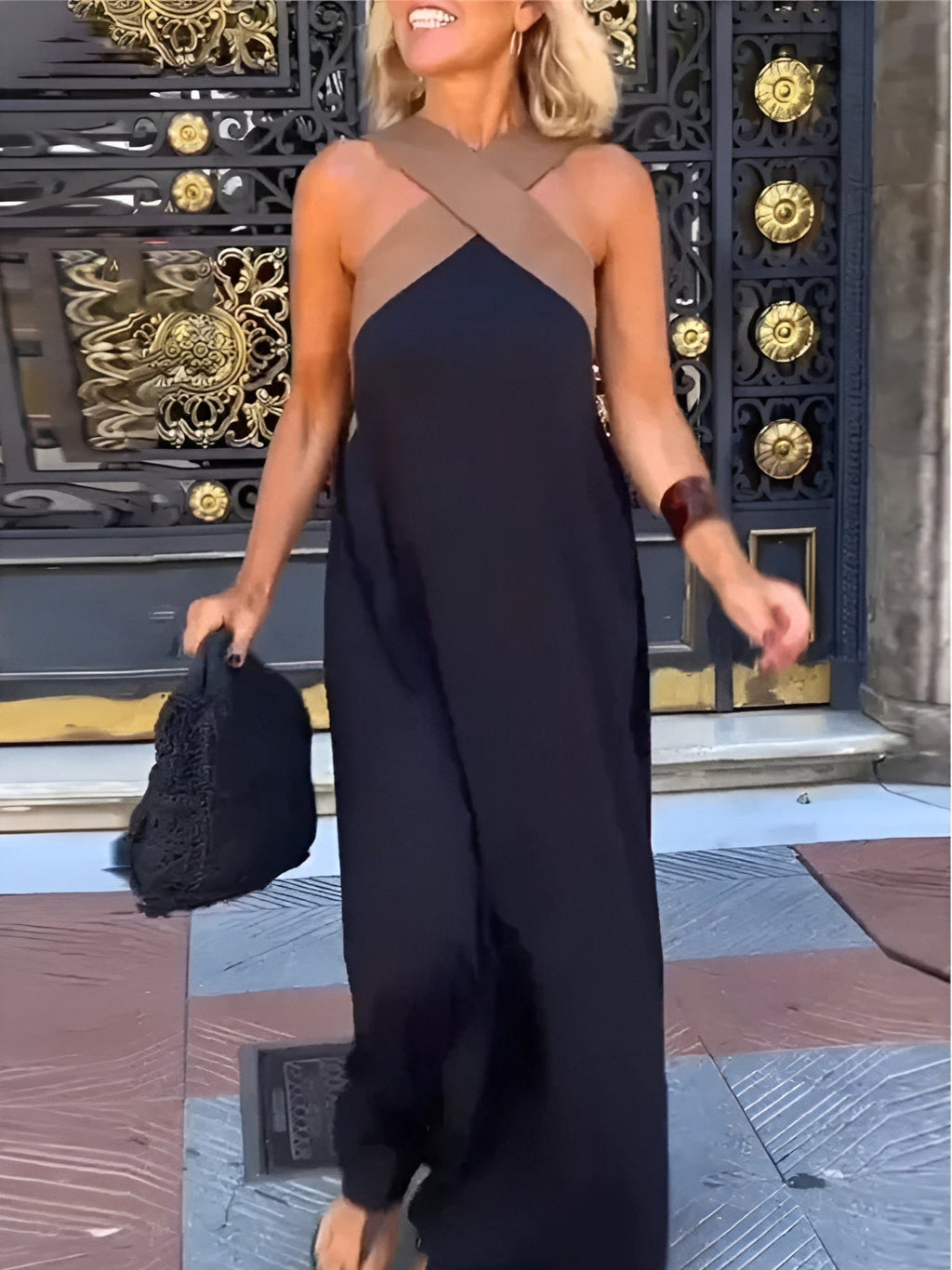 Women's linen-look crossover V-neck maxi dress