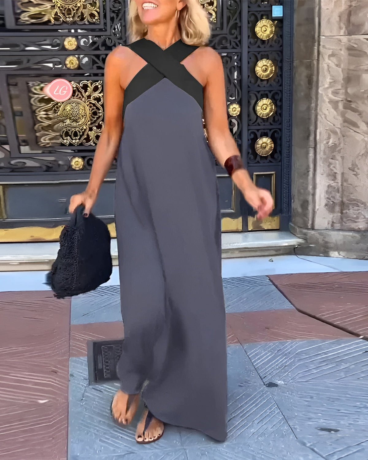 Linen-look crossover V-neck maxi dress – colour option