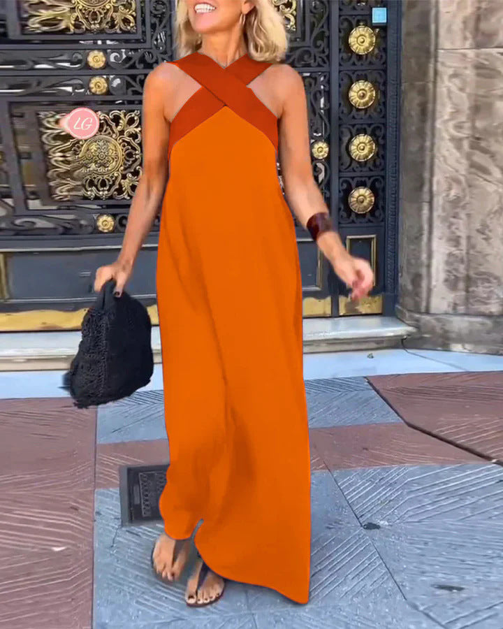 Linen-look crossover V-neck maxi dress – colour option