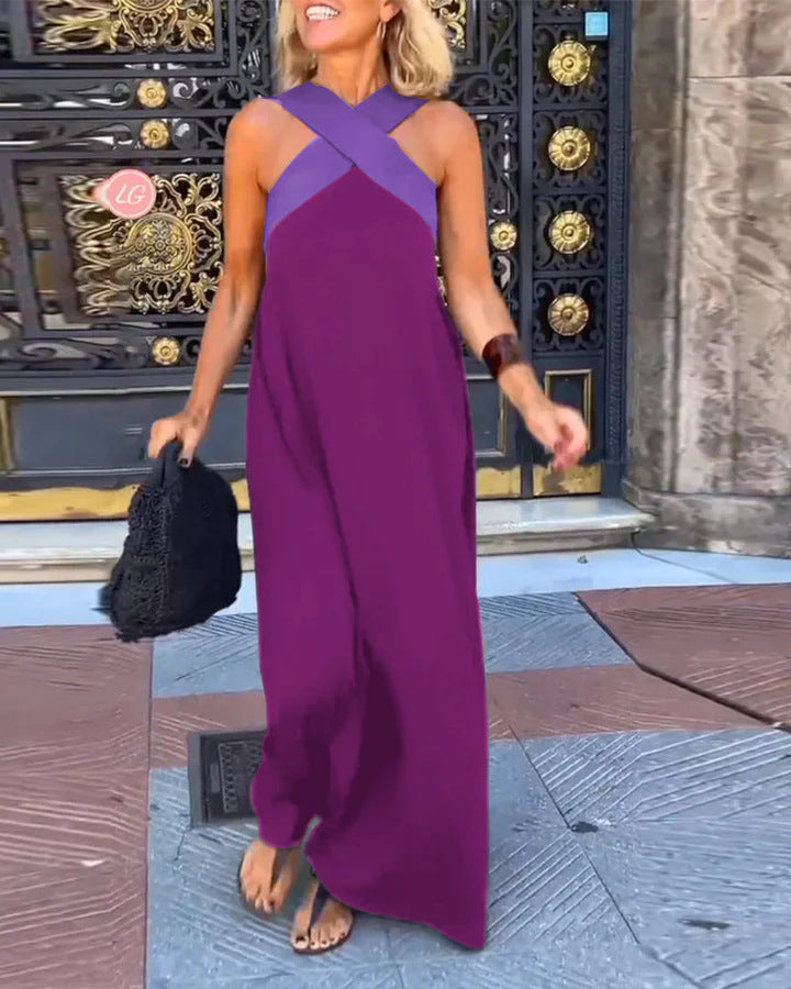 Linen-look crossover V-neck maxi dress – colour option