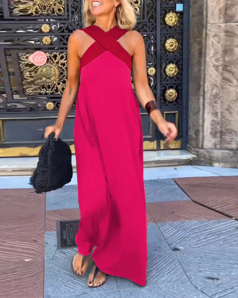 Linen-look crossover V-neck maxi dress – colour option