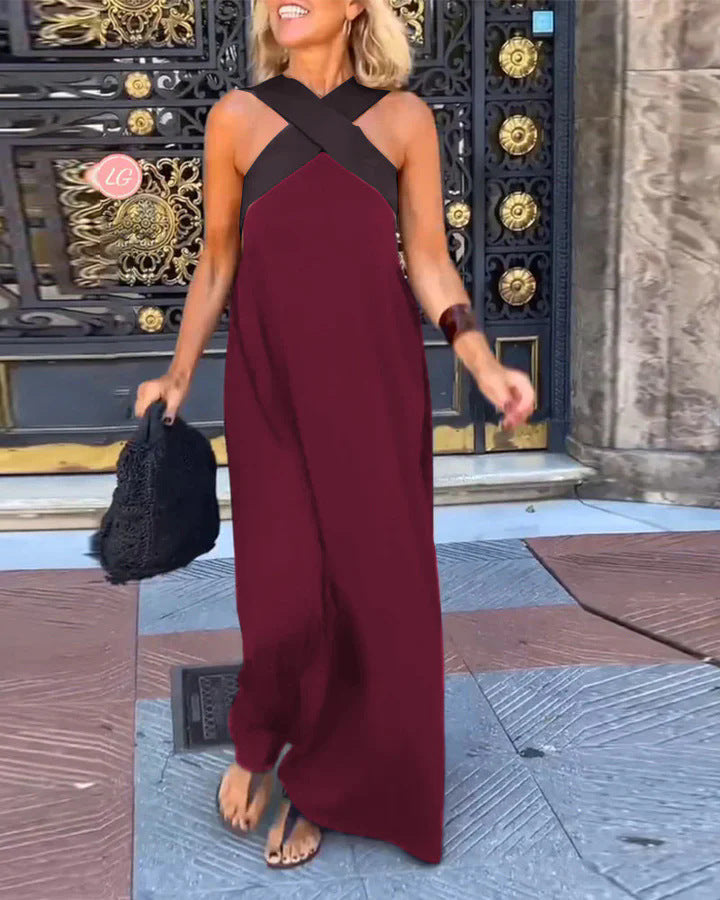 Linen-look crossover V-neck maxi dress – colour option