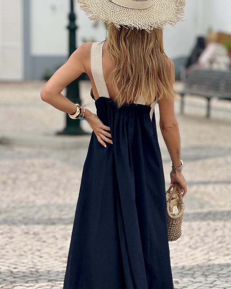 Women's Linen-Look Crossover V-Neck Maxi Dress