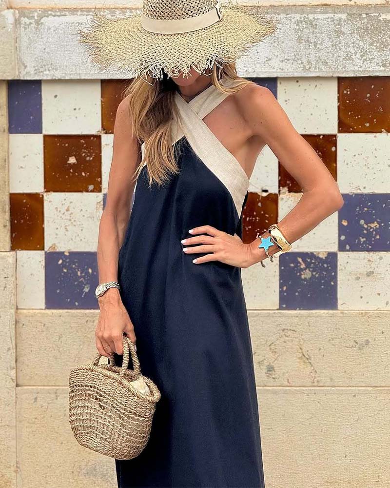 Women's Linen-Look Crossover V-Neck Maxi Dress