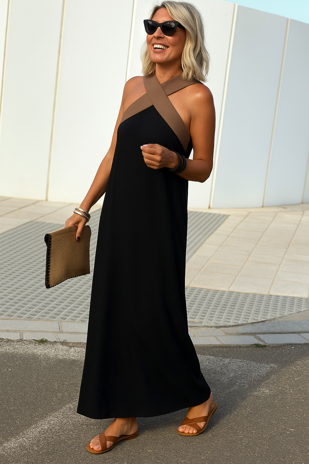 Women's Linen-Look Crossover V-Neck Maxi Dress