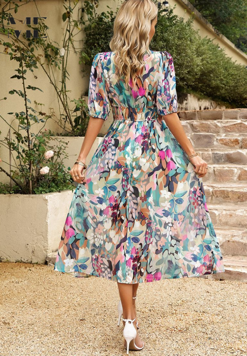 Linen-look floral summer dress – detail view