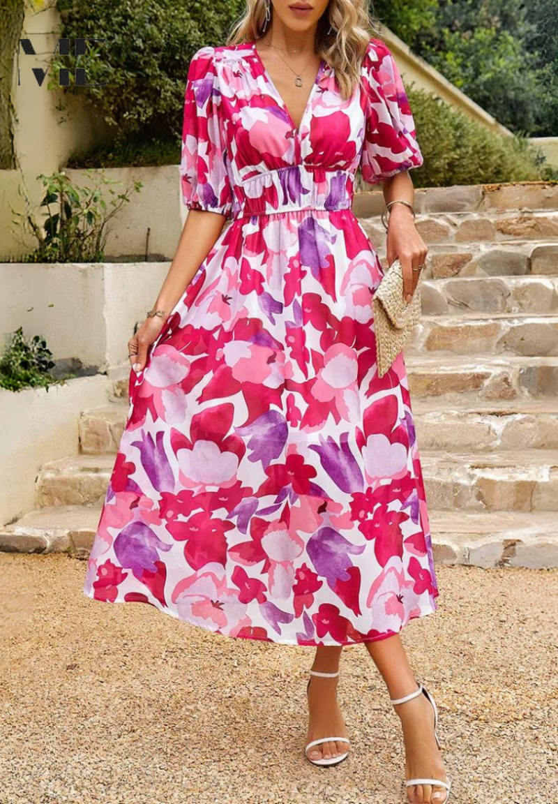 Women's Linen-Look Floral Summer Dress