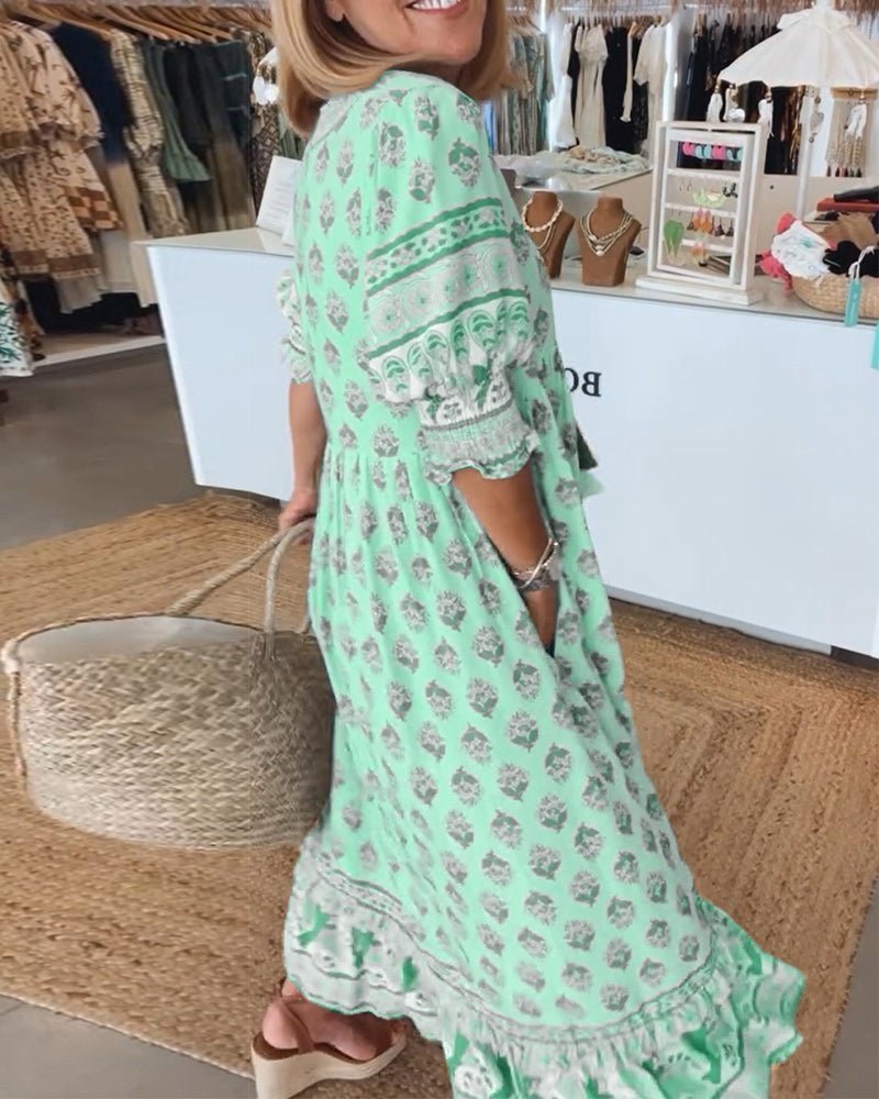 Women's Linen-Look Floral V-Neck Midi Dress