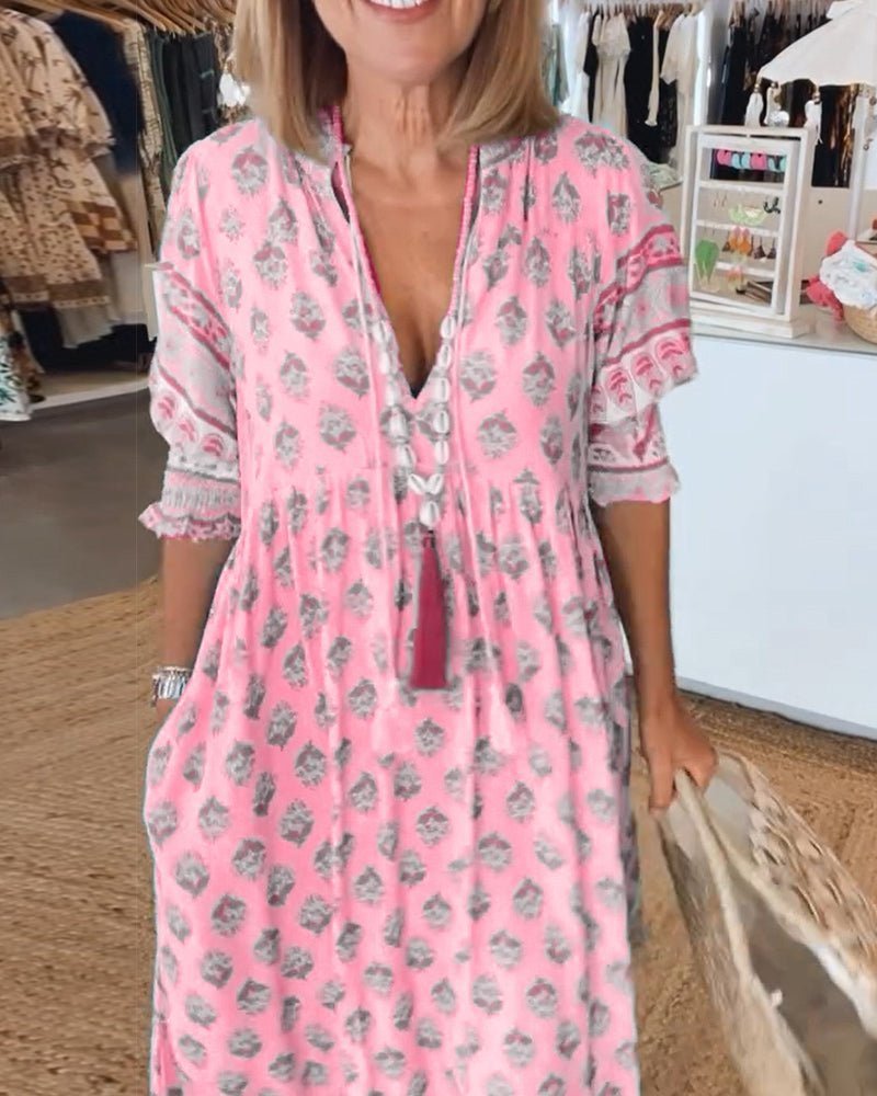 Women's Linen-Look Floral V-Neck Midi Dress