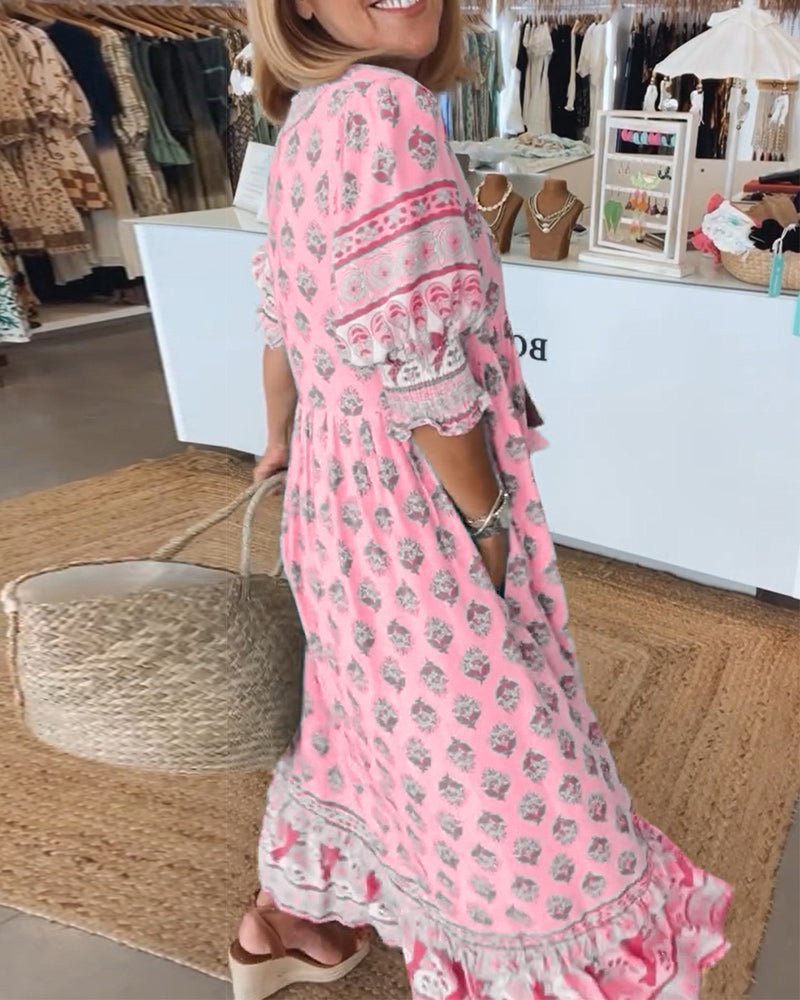 Women's Linen-Look Floral V-Neck Midi Dress