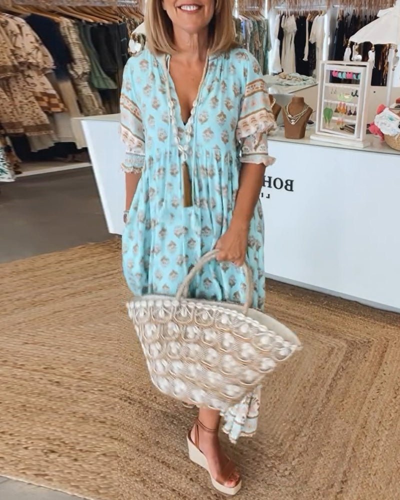 Women's Linen-Look Floral V-Neck Midi Dress