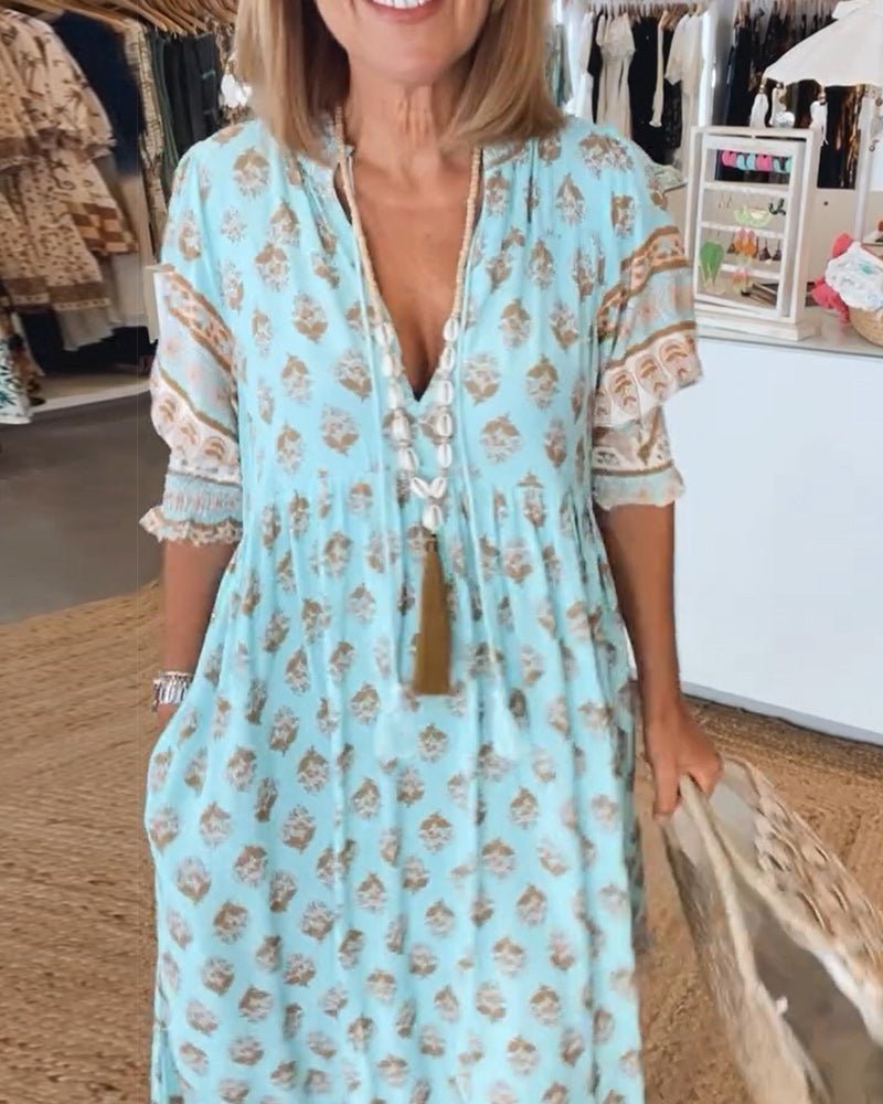 Women's Linen-Look Floral V-Neck Midi Dress
