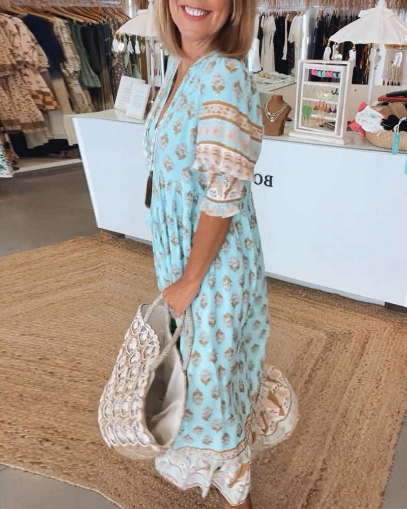 Women's Linen-Look Floral V-Neck Midi Dress