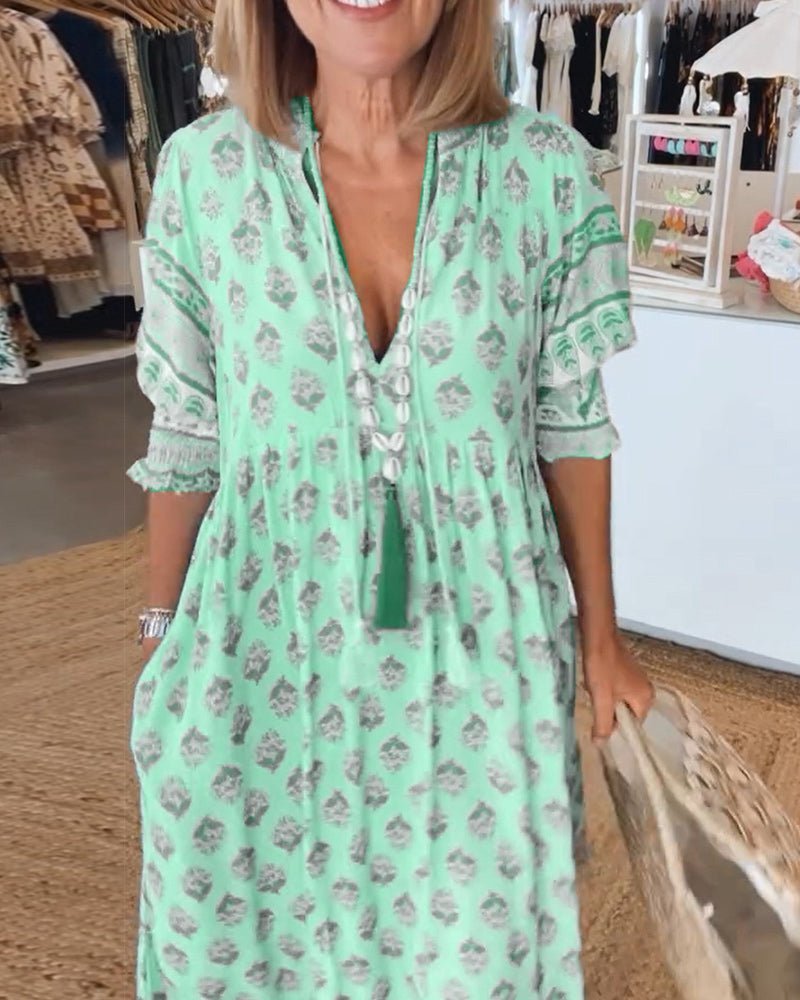 Women's Linen-Look Floral V-Neck Midi Dress