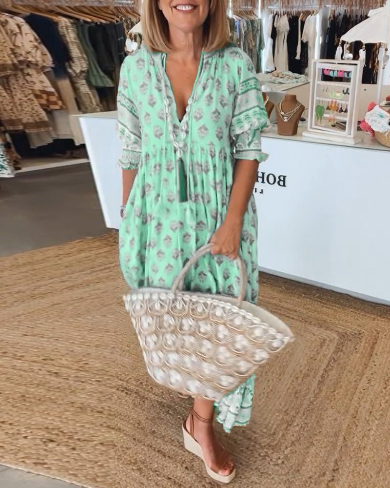 Women's Linen-Look Floral V-Neck Midi Dress