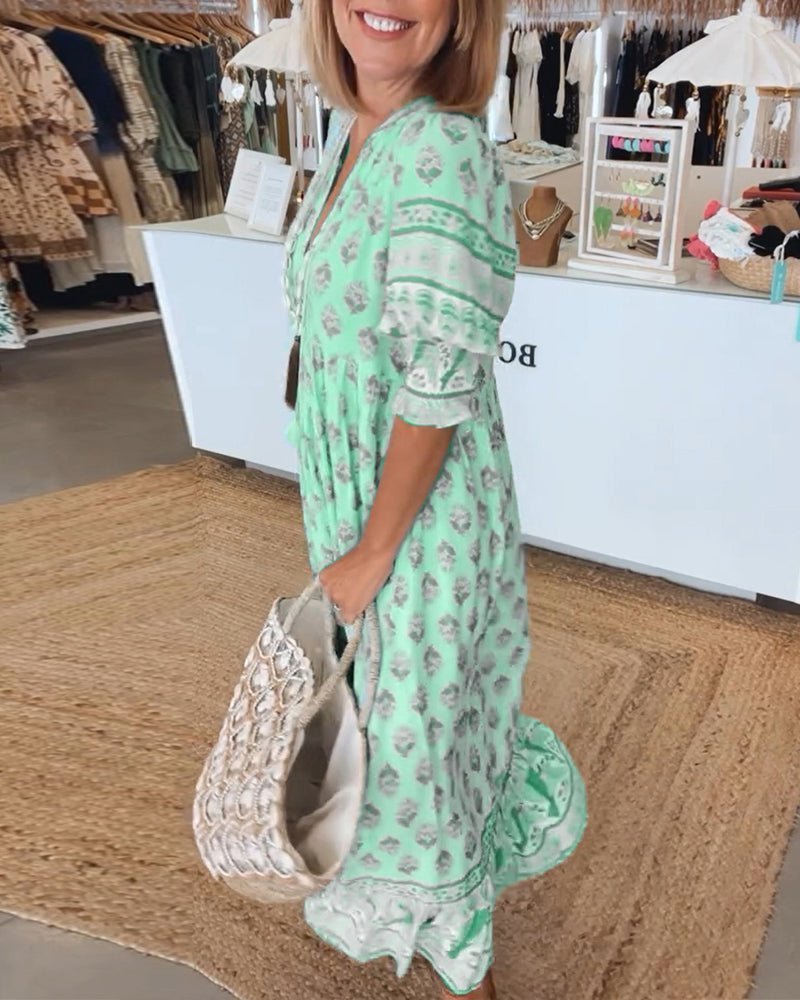 Women's Linen-Look Floral V-Neck Midi Dress