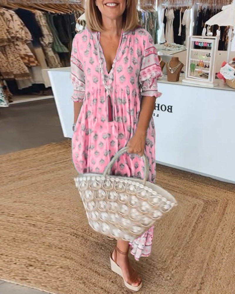 Women's Linen-Look Floral V-Neck Midi Dress