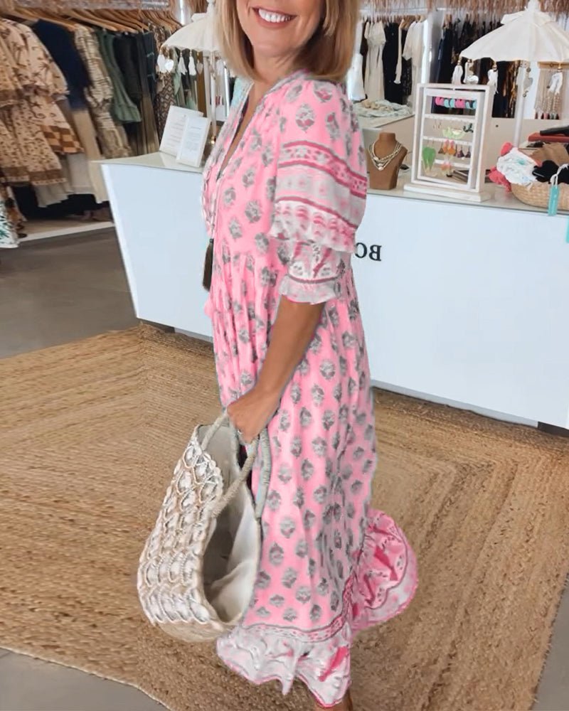 Women's Linen-Look Floral V-Neck Midi Dress