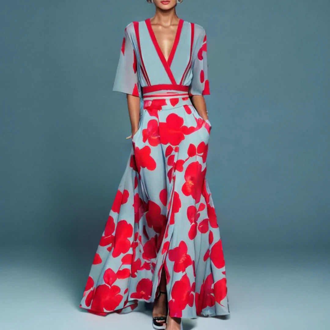Women's linen-look floral wrap maxi dress with deep V-neck in dusty blue and red