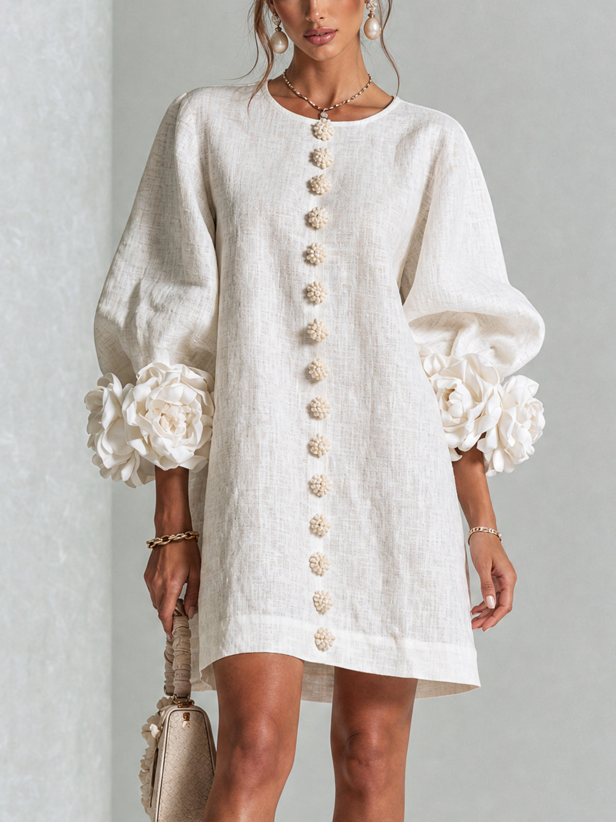 Women's linen-look mini shift dress with long puff sleeves and button front