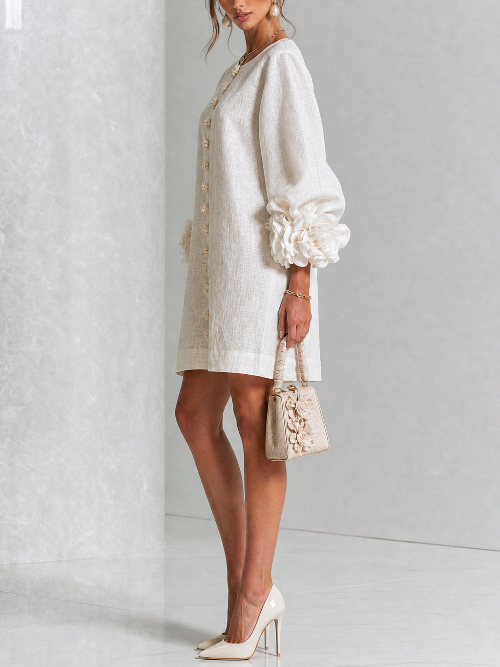 Linen-look puff sleeve mini dress – colour option