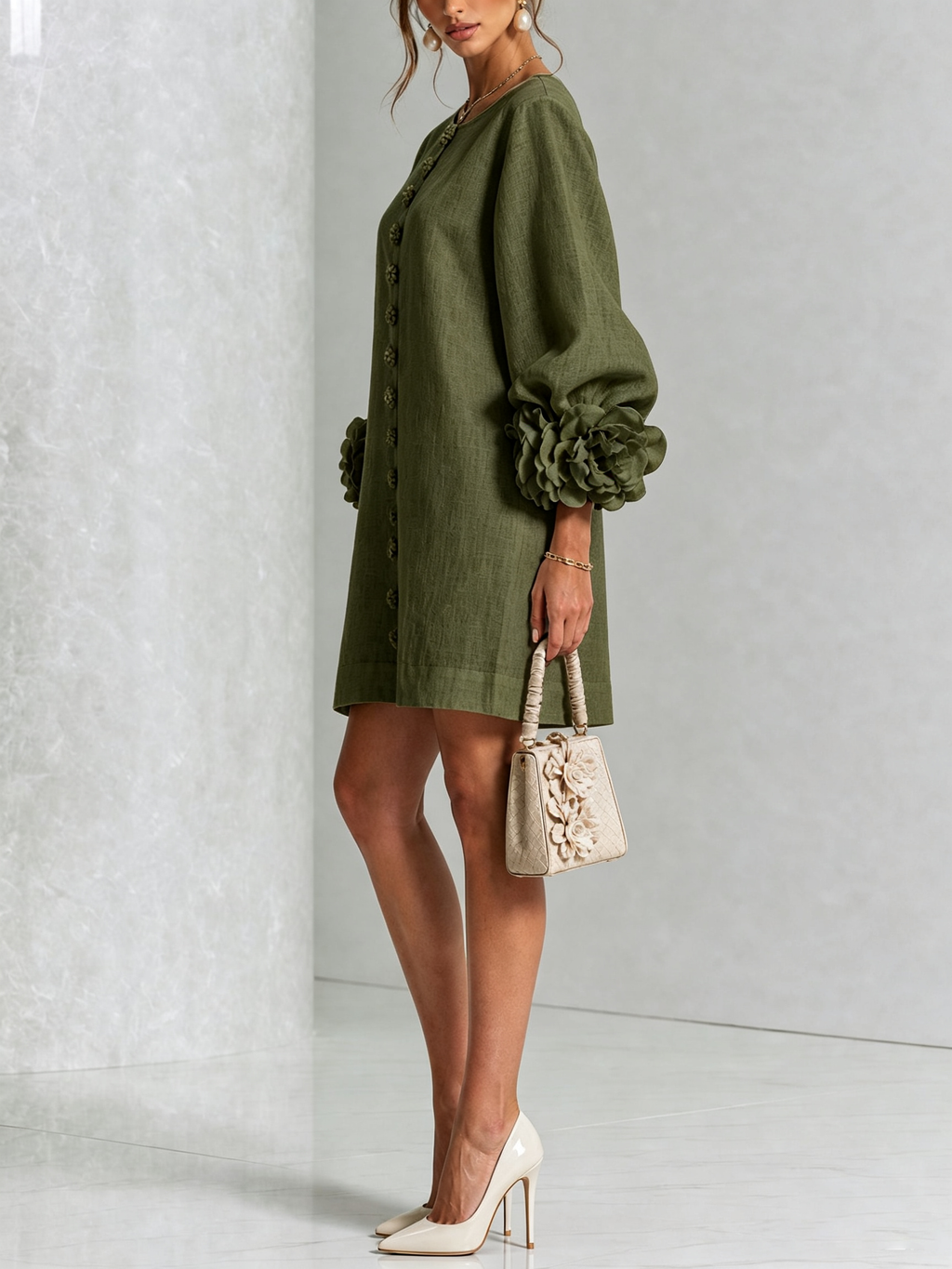 Linen-look puff sleeve mini dress – colour option