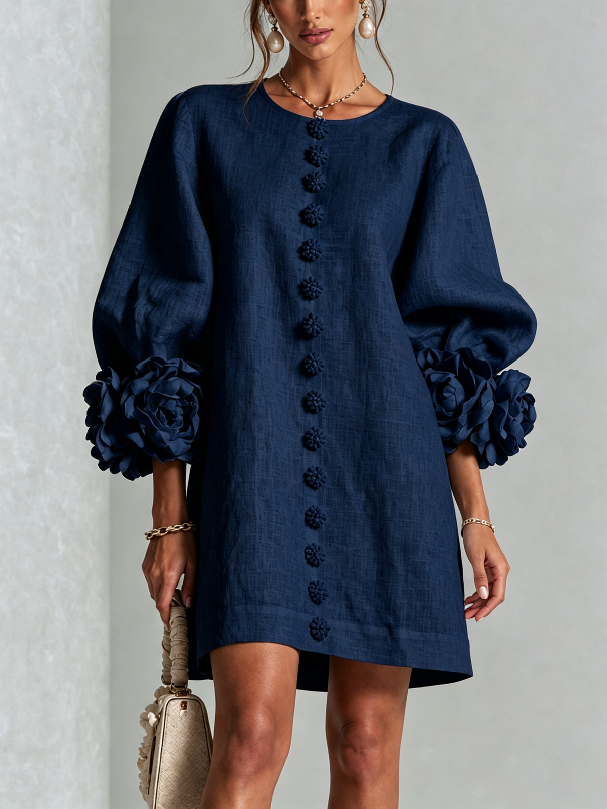 Linen-look puff sleeve mini dress – colour option