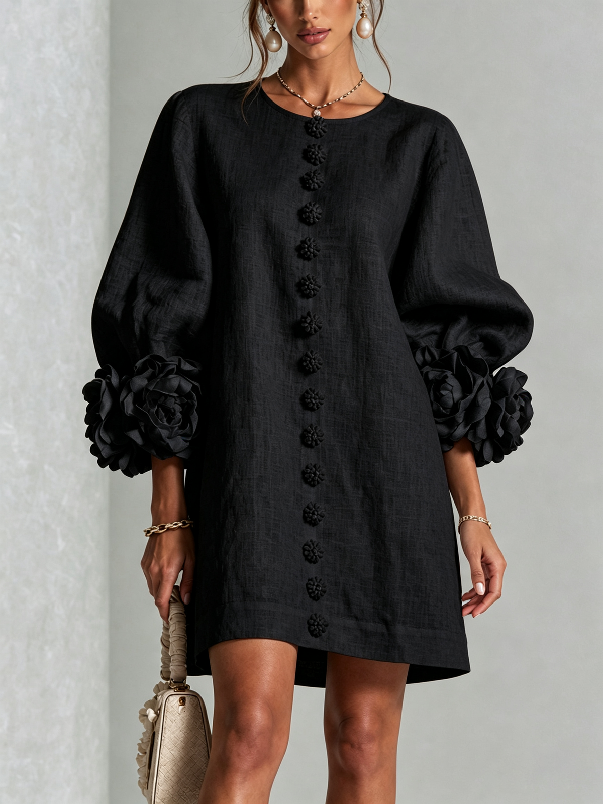 Linen-look puff sleeve mini dress – colour option