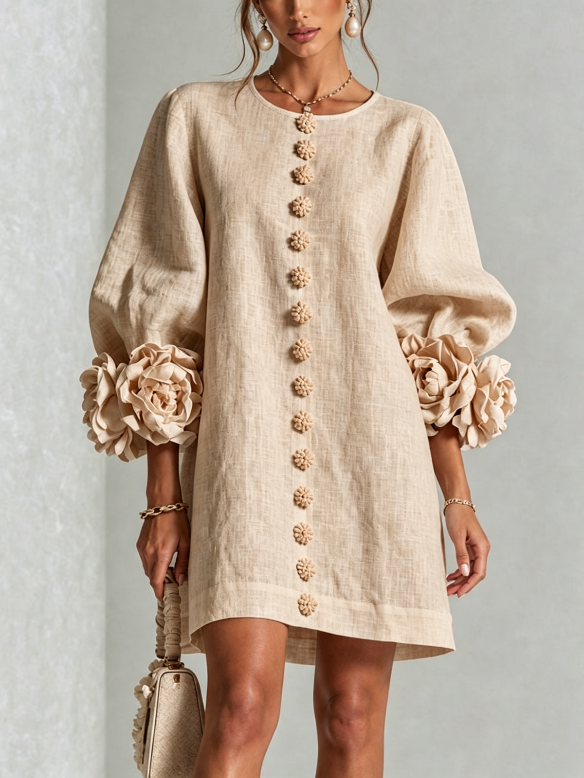 Women's Linen-Look Puff Sleeve Button-Front Mini Shift Dress