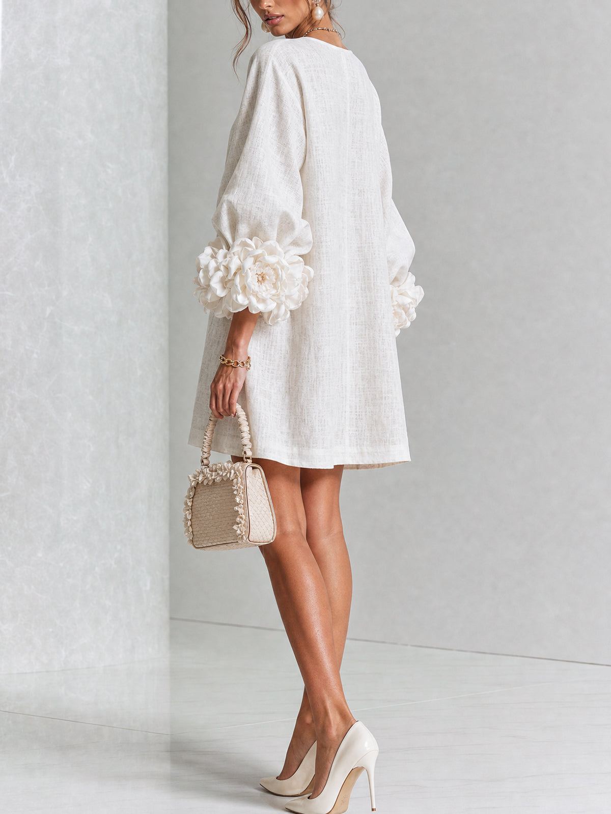 Women's Linen-Look Puff Sleeve Button-Front Mini Shift Dress