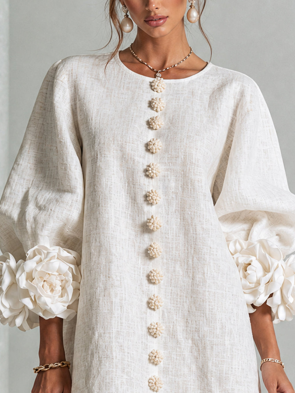 Women's Linen-Look Puff Sleeve Button-Front Mini Shift Dress