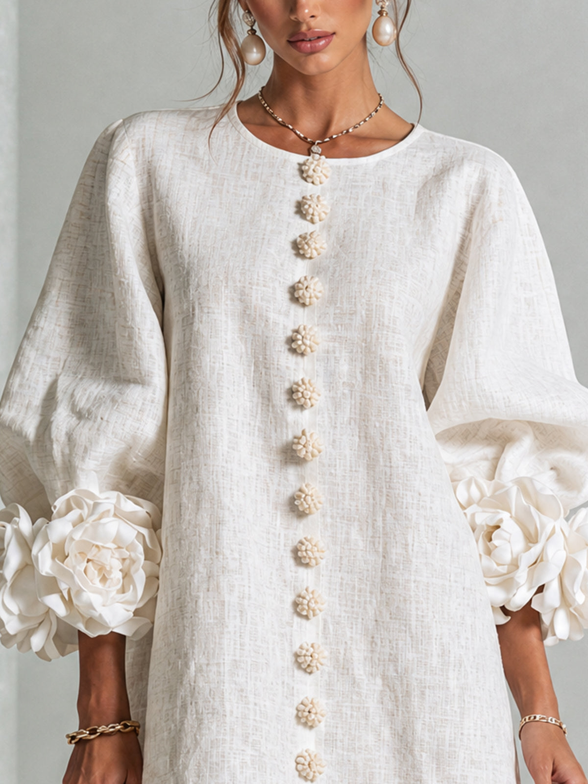 Women's Linen-Look Puff Sleeve Button-Front Mini Shift Dress