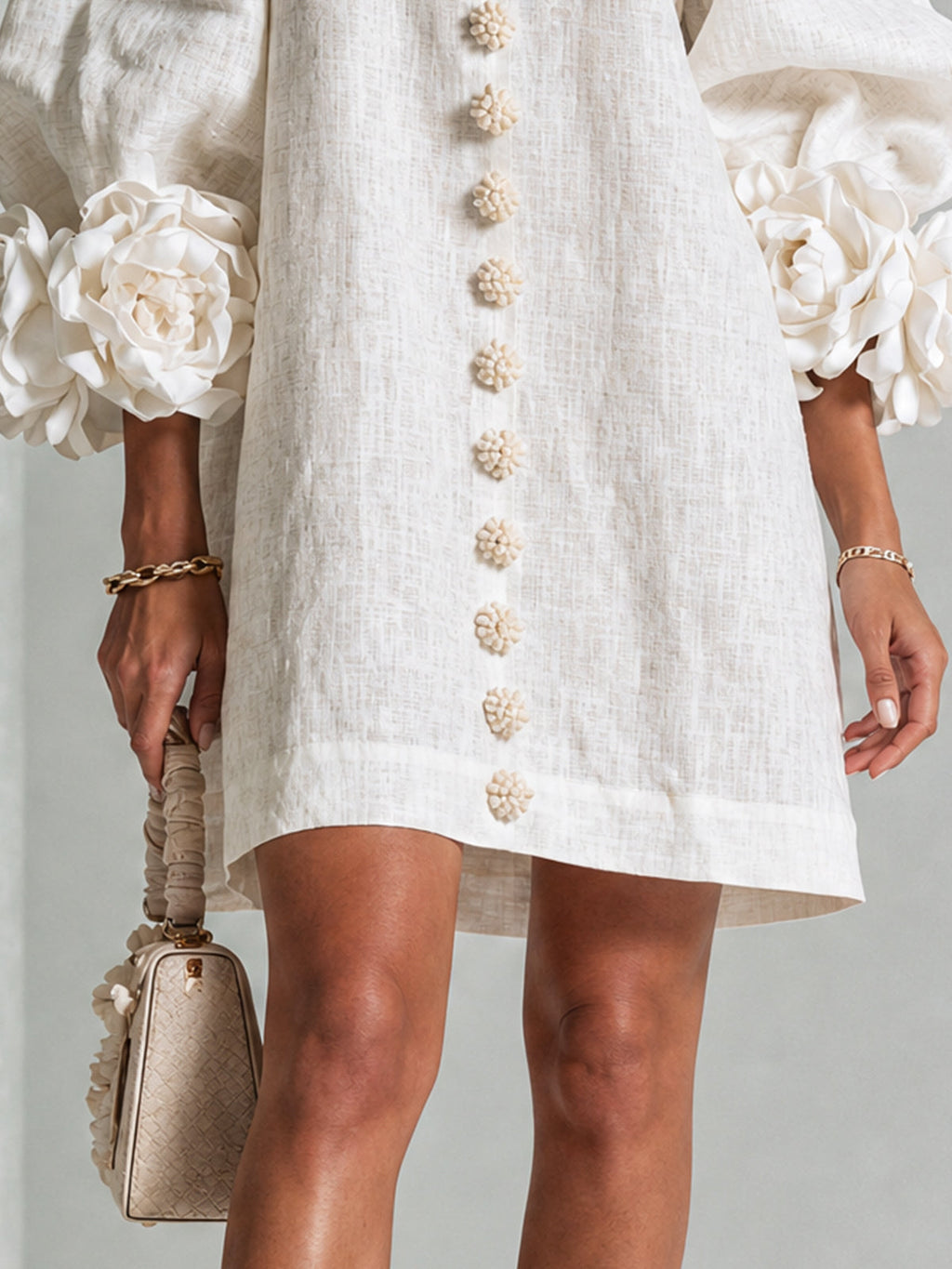 Women's Linen-Look Puff Sleeve Button-Front Mini Shift Dress