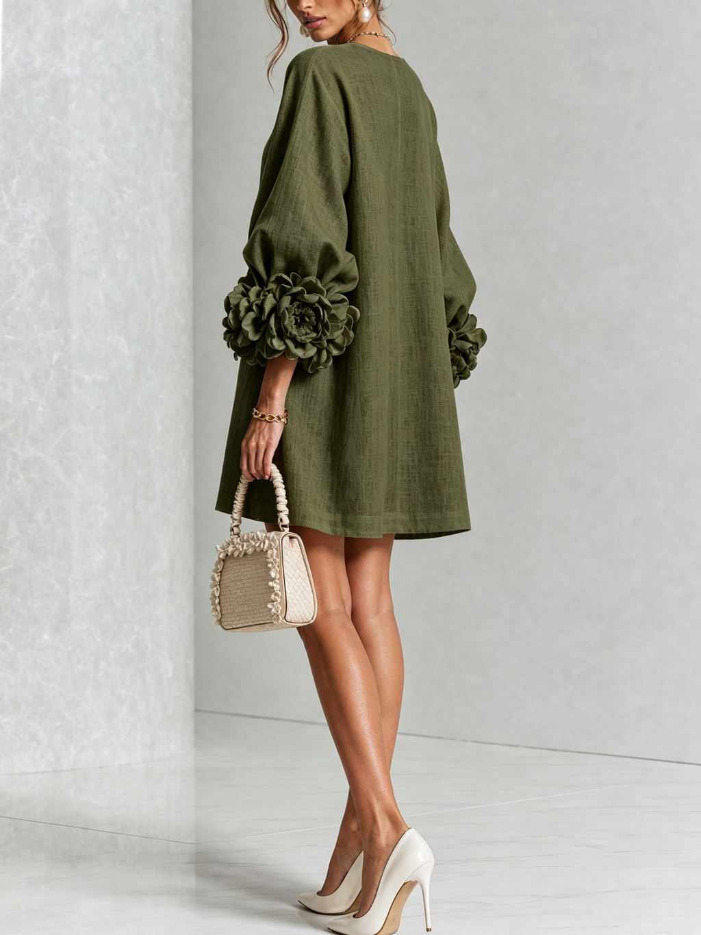 Women's Linen-Look Puff Sleeve Button-Front Mini Shift Dress